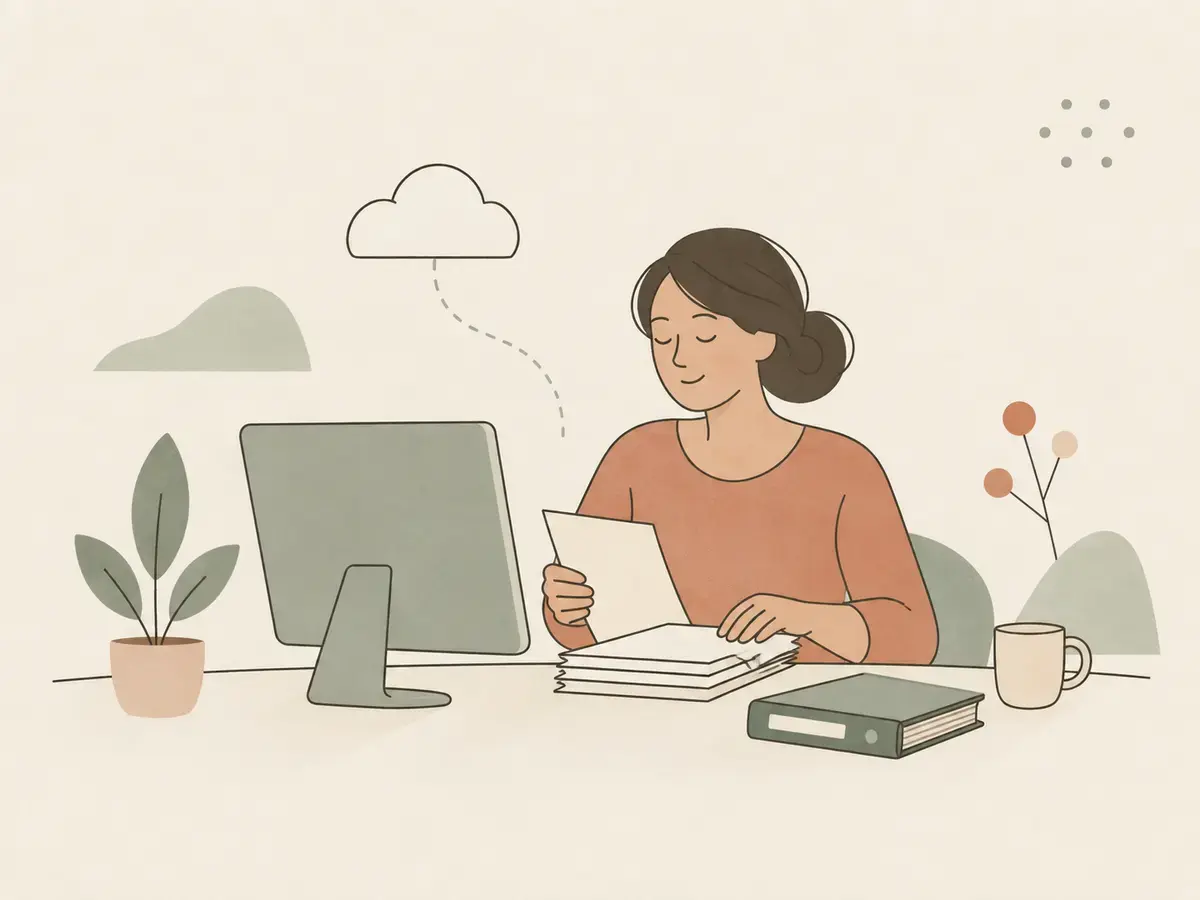 Ilustrație cu o contabilă care organizează documente lângă un calculator de birou