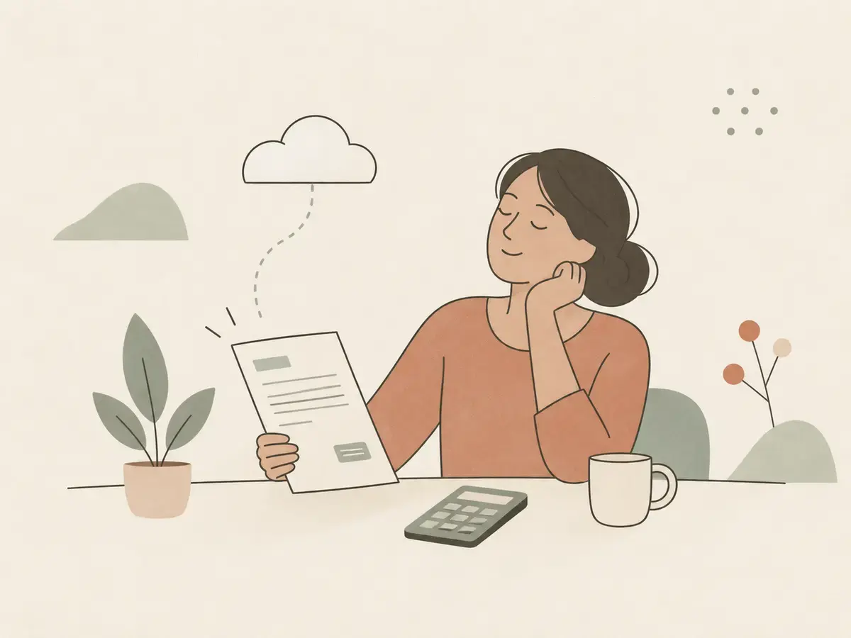 Ilustrație cu o antreprenoare care verifică o factură lângă un calculator de birou