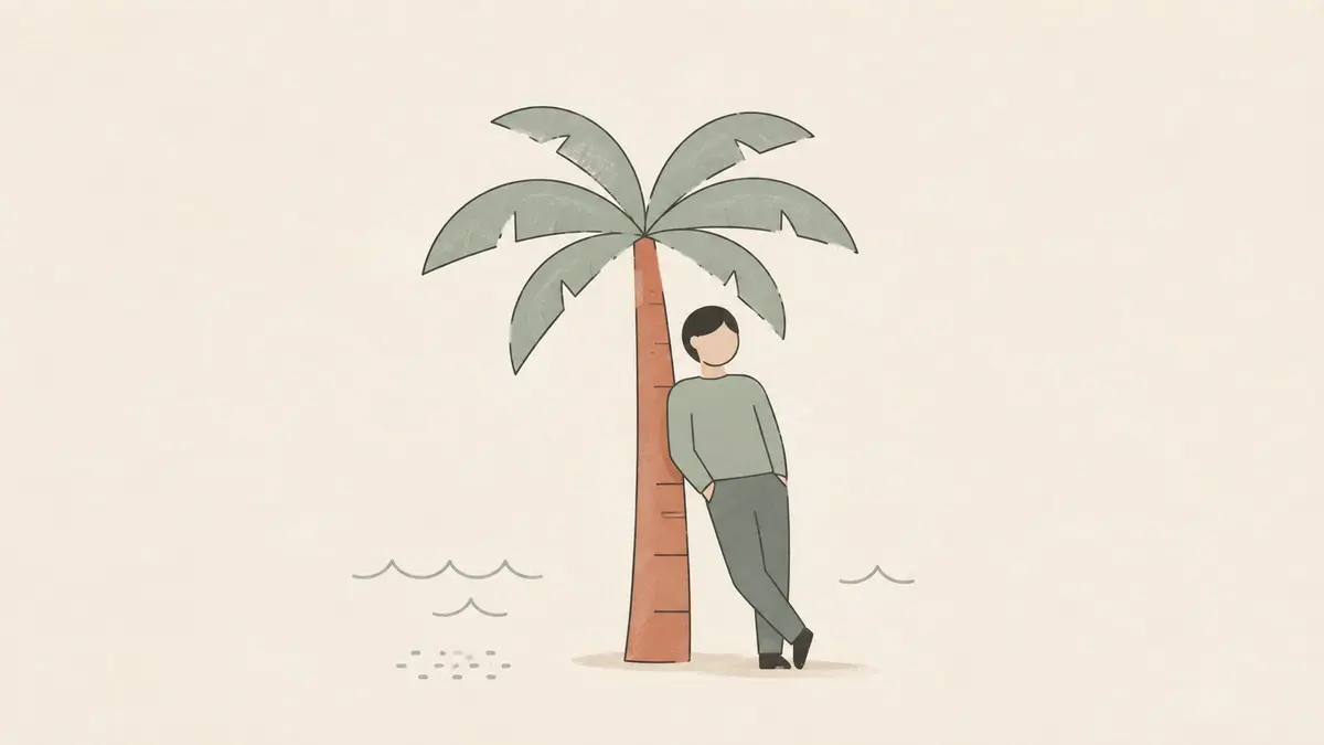 Ilustrație editorială minimalistă, stil flat: o siluetă relaxată sprijinită de un palmier stilizat pe o plajă, în tonuri mate de salvie-gri și terracotta pe fundal ovăz, sugerând o minivacanță.