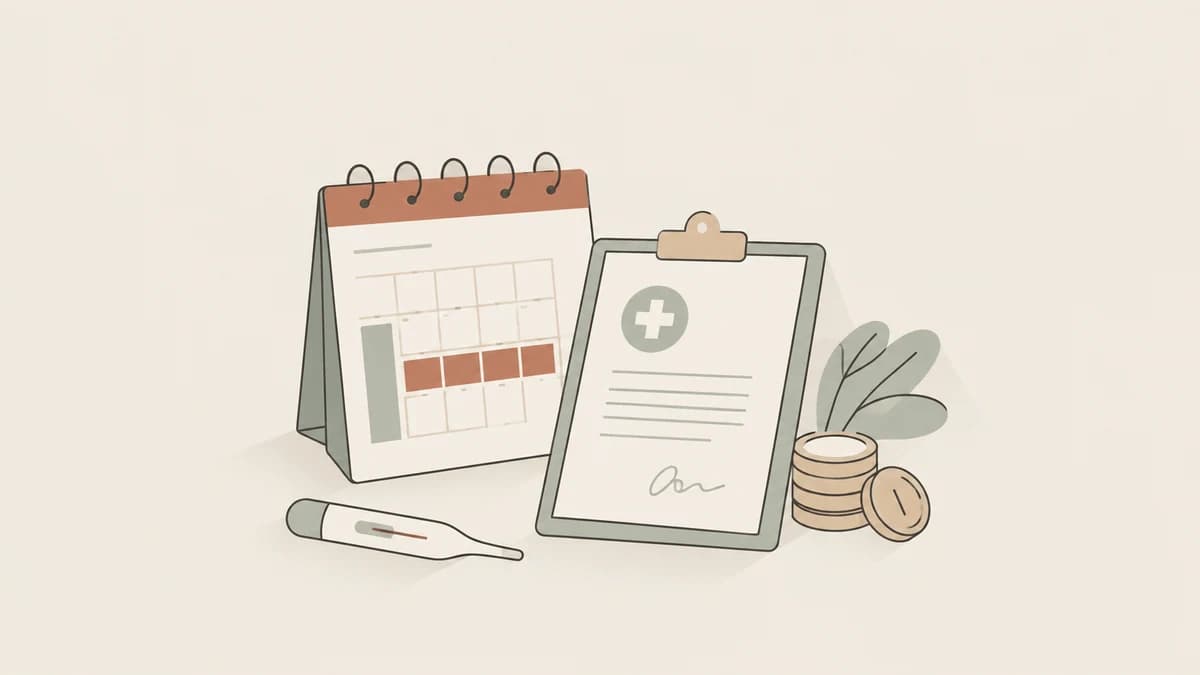 Calendar, certificat medical, termometru și monede, ilustrație pentru concediul medical 2026