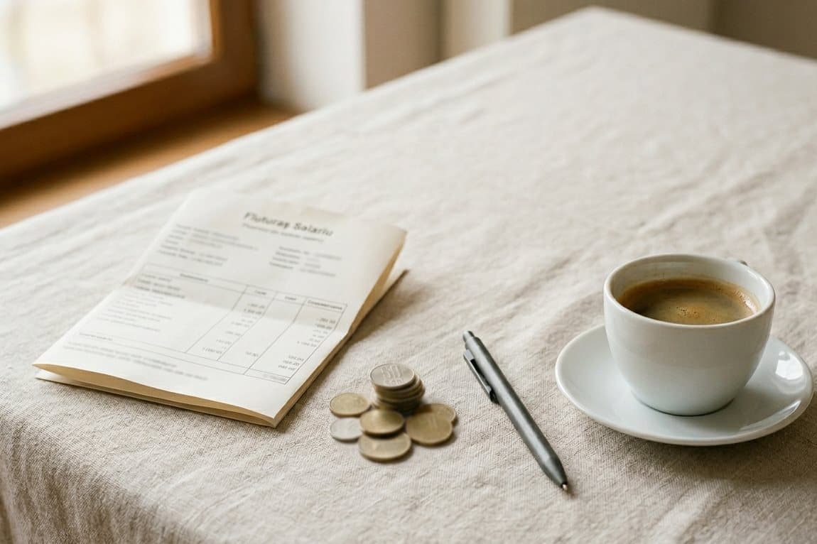 Un fluturaș de salariu pe o masă cu față de in, lângă câteva monede, un pix și o cană de cafea, în lumină naturală.