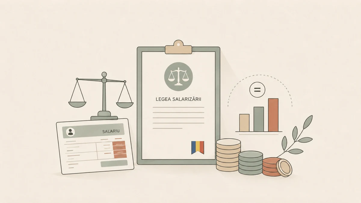 Ilustrație editorială: un dosar intitulat „Legea salarizării” alături de o balanță a justiției, un fluturaș de salariu, teancuri de monede și un grafic cu bare.