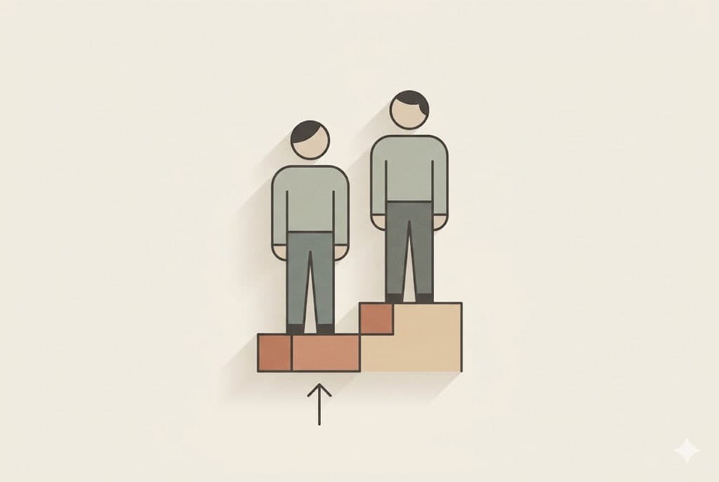 Ilustrație editorială minimalistă: două siluete pe trepte, treapta de jos împinsă în sus de o săgeată, ridicând silueta scundă aproape la nivelul celei de lângă ea, sugerând restrângerea diferenței dintre salarii.