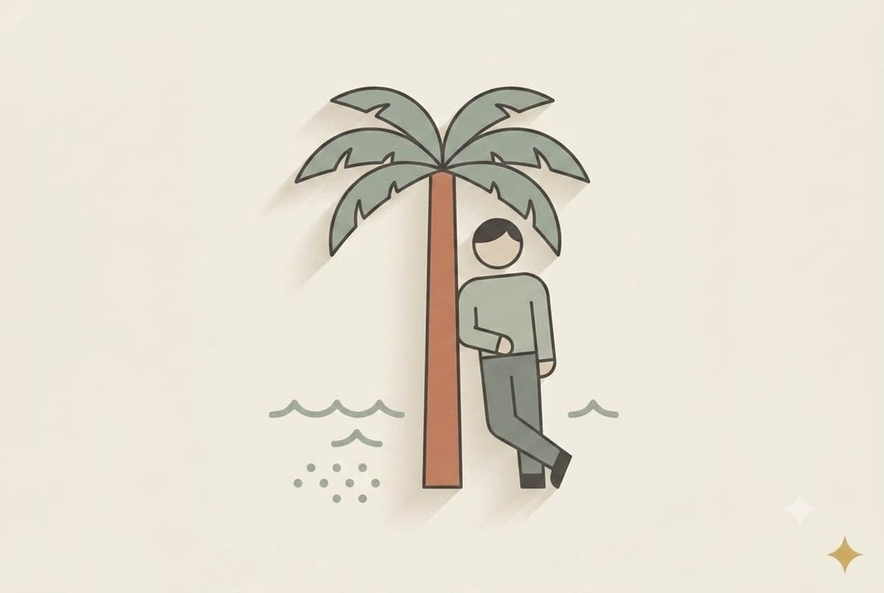 Ilustrație editorială minimalistă, stil flat: o siluetă relaxată sprijinită de un palmier stilizat pe o plajă, în tonuri mate de salvie-gri și terracotta pe fundal ovăz, sugerând o minivacanță.