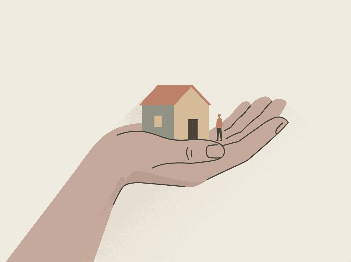 Ilustrație: o mână deschisă care susține o căsuță și o siluetă mică, salariul minim ca o podea ce asigură un trai demn