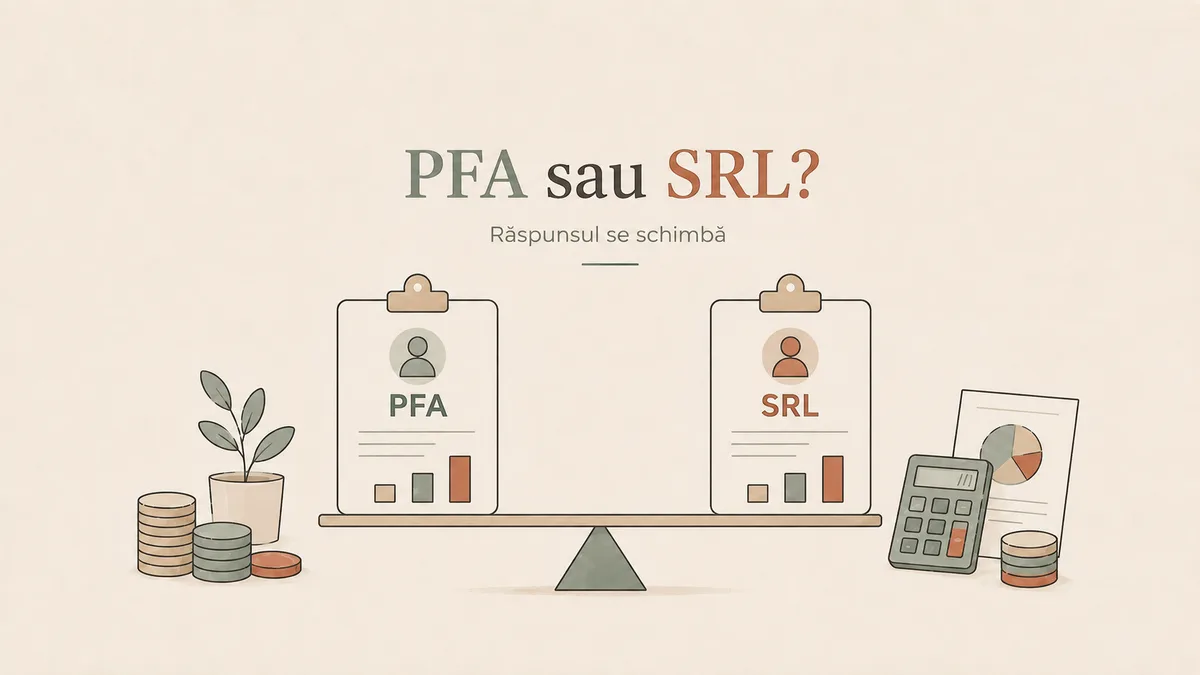 Ilustrație editorială: o balanță în echilibru perfect, cu un dosar „PFA” pe un taler și unul „SRL” pe celălalt, între teancuri de monede, un calculator și un grafic.