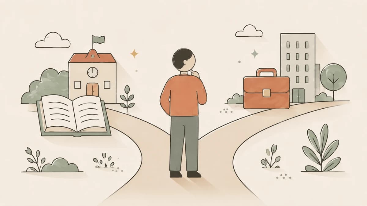 Ilustrație editorială: un tânăr stă nehotărât la o bifurcație de drum, cu mâna la bărbie. Pe o parte, o școală și o carte deschisă; pe cealaltă, o clădire de birouri și o servietă. Tonuri de terracotta și salvie pe fundal nisipiu.